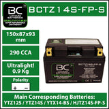 BC Lithium Batteries BCTZ14S-FP Batteria Moto al Litio LiFePO4, 0,9 kg, 12V, HJTZ14S-FP-S / YTZ12S / YTZ14S / YTX14H-BS / KMX14-BS / YTX14-BS / HVT-8 - BC Battery Italian Official Website