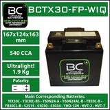 BC Lithium BCTX30-FP-WIQ Batteria Moto al Litio LiFePO4, 1,9 kg, 12V, HJTX30-FP / YIX30L-BS - BC Battery Italian Official Website
